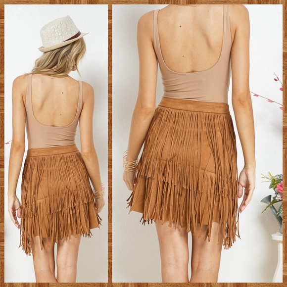 Sexy Faux Suede Mini Skirt Asymmetrical Fringe Details Banded Waistband - Picture 6 of 13